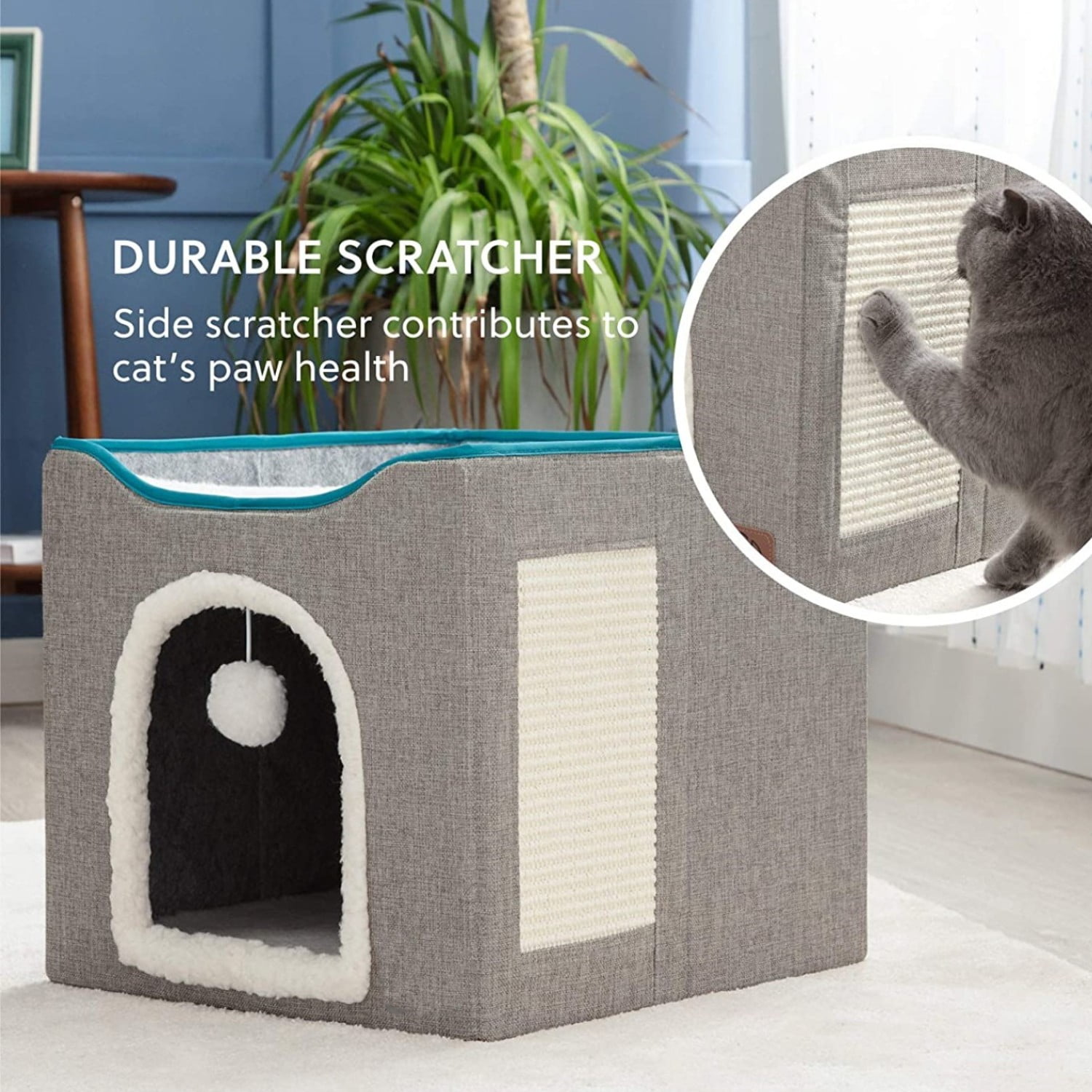 Cat Bed, HDJ Cat House with Scratch Pad and Fluffy Ball Hanging for Cat, Dog,Pets ,16.5x16.5x14 inches, Grey