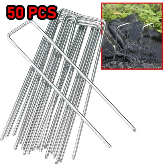Tent Stakes 6" Metal Garden Stakes - Reliable U-Shaped Pins for Landscape Fabric, Irrigation Tubing, and More (Silver, Set of 50)