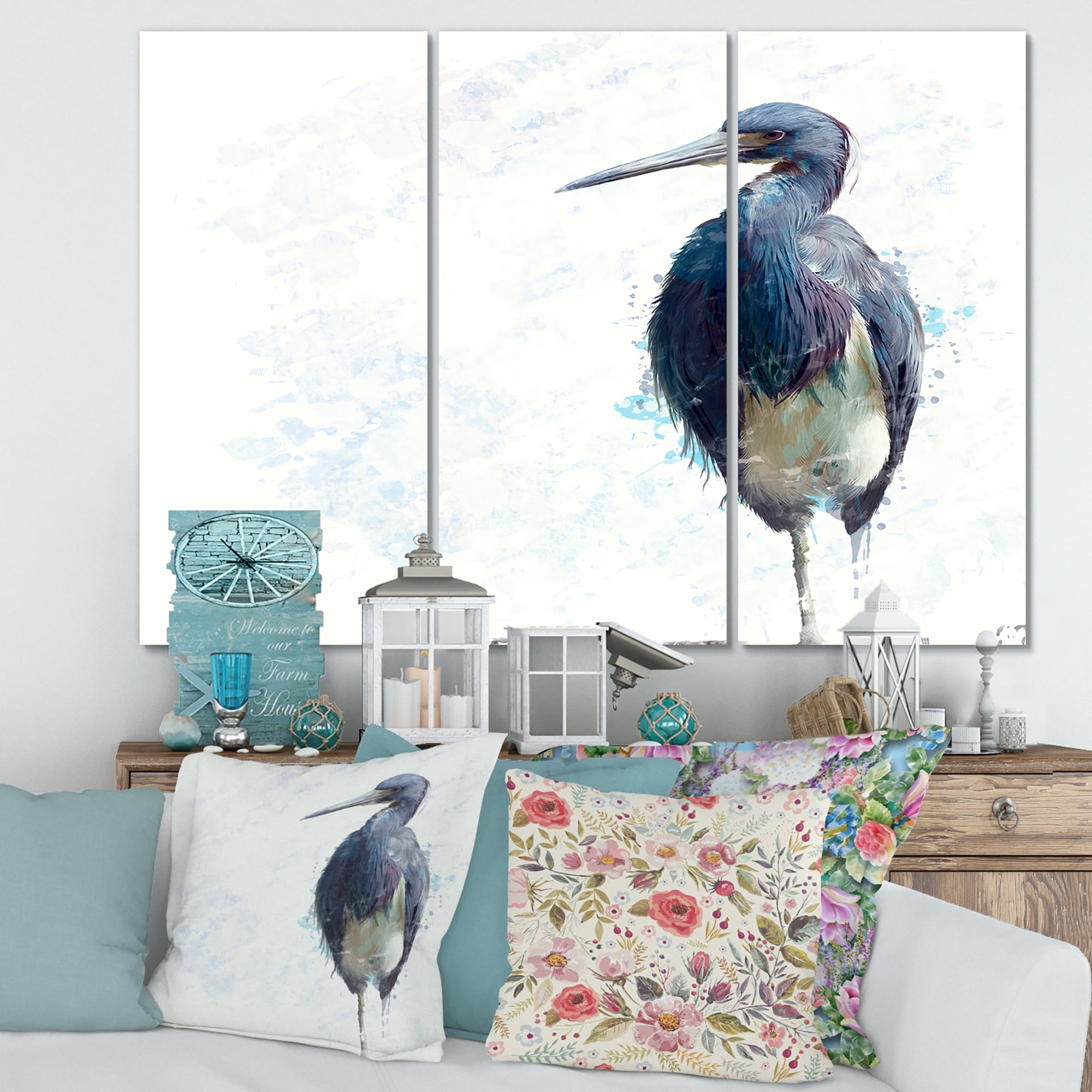Tricolored Heron Bird On White 28 in x 36 in Painting Canvas Art Print, by Designart