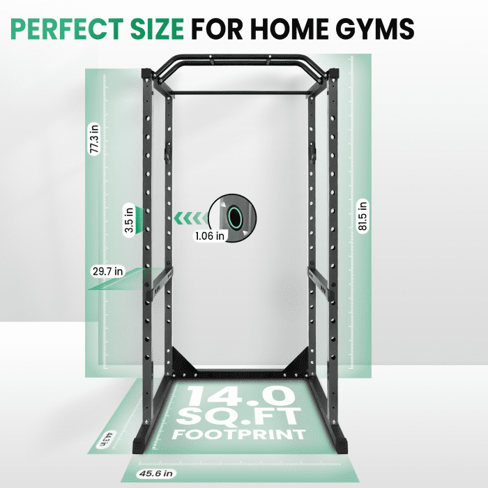 Black Power Rack, 44.3" (L) × 45.6" (W) × 81.5" (H), Rugged Steel Frame, Easy Assembly, 1200LBS, Long-Lasting Durability, Lifting Cage, Home Gym, Loft, Small Apartment