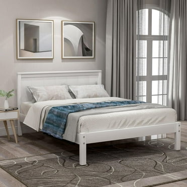 Platform Bed Frame with Headboard , Wood Slat Support , Rustic Style, No Box Spring Needed, for Bedroom, Apartment, Twin Size,White