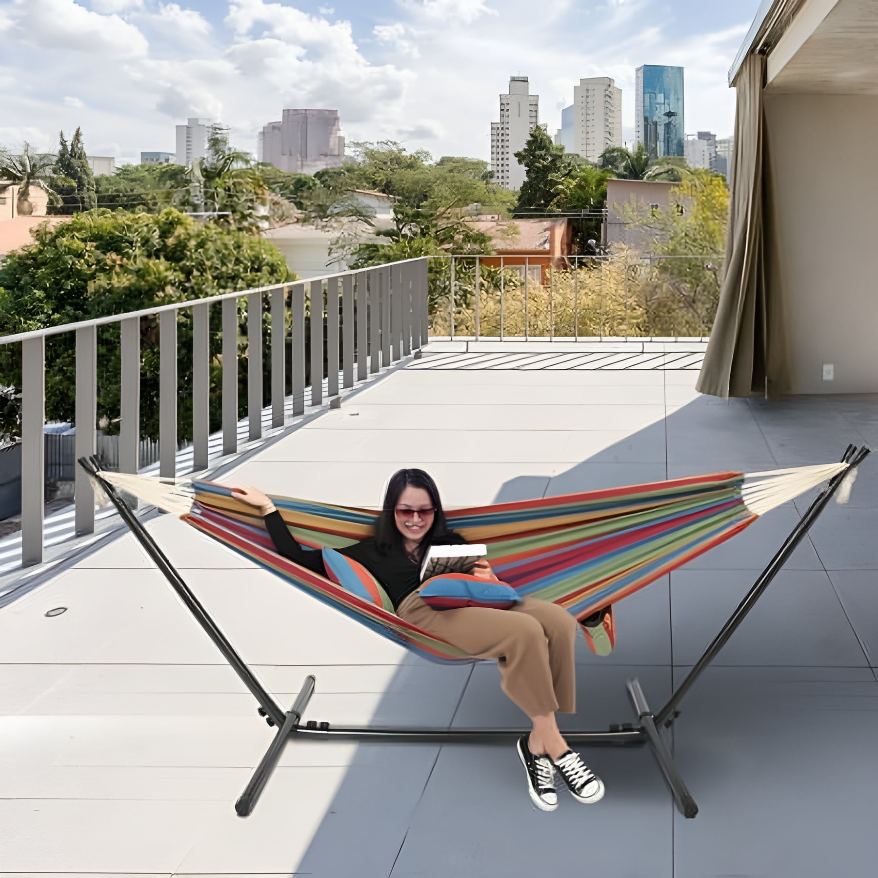 ONCLOUD 550 LBS Capacity Double Hammock with Stand Included with Portable Carrying Bag, 2-Person Hammock for Outdoors & Indoors - Rainbow Stripe