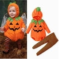 thumbnail image 2 of Gelikeya Pumpkin Outfits for Baby Girl Boy Long Sleeve Hooded Romper Tops Pants 2 Piece Pumpkin Outfits Sleepwear Sets (#02 Orange, 0-6 Months), 2 of 5