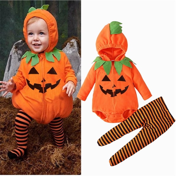 Toddler Pumpkin Costume Pumpkin Jumpsuit Bodysuit With Hat Set Newborn Halloween Outfit Girl Kids Halloween Costumes Girls 18-24 Months