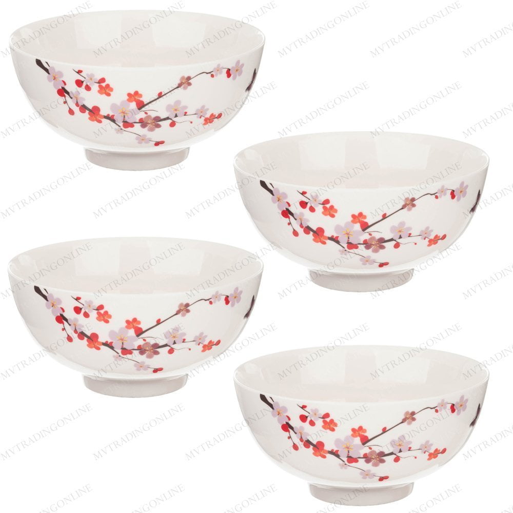 Set of 4 Japanese 5.25"D Namako Plum Cherry Blossom Rice Soup Bowl Made in Japan 