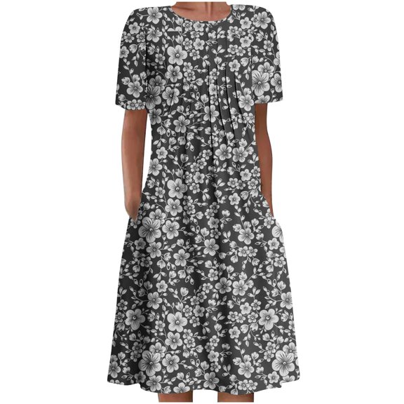 Dyegold Sundresses for Women Casual Summer - Holiday Dresses for Women Crewneck Short Sleeve Floral Print Pleated Front Ruffle A Line Beach Cute Maxi Sundress