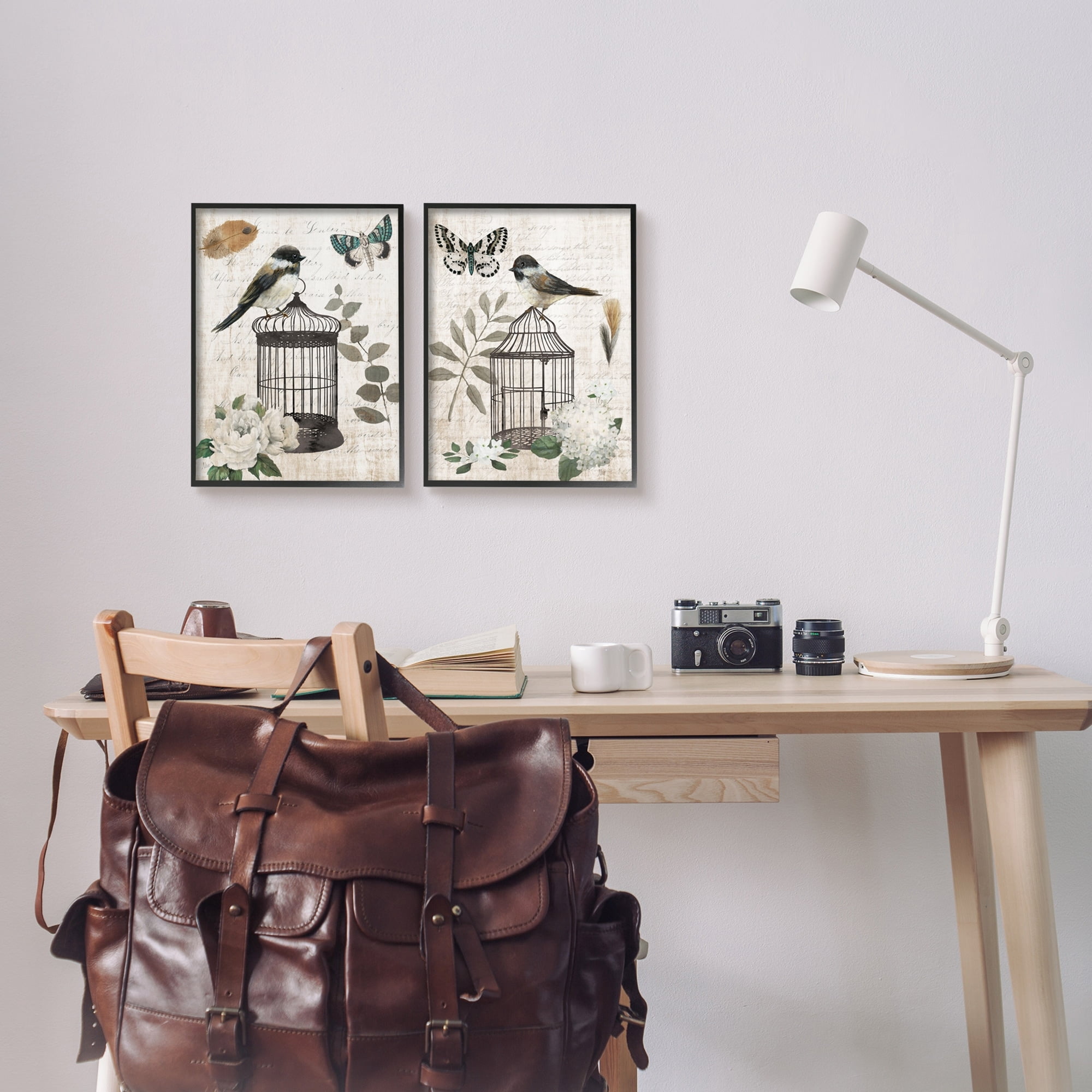 Stupell Industries Vintage Perched Bird Cage Butterfly Timeless Cursive Graphic Art Black Framed Art Print Wall Art, Set of 2, Design by Nan