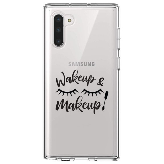 DistinctInk Clear Shockproof Hybrid Case for Samsung Galaxy Note 10 (6.3" Screen) - TPU Bumper Acrylic Back Tempered Glass Screen Protector - Wake Up & Makeup - Eye Lashes