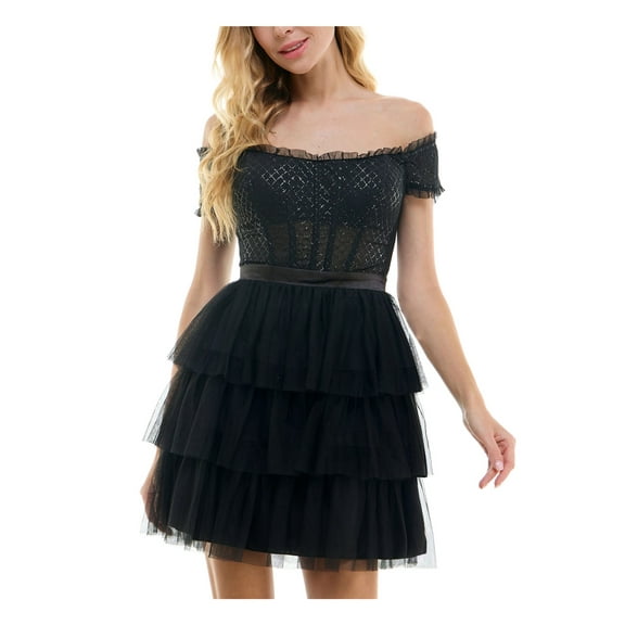 CITY STUDIO Womens Black Ruffled Zippered Layered Sheer Rib Cage Glitter Short Sleeve Off Shoulder Short Formal Fit   Flare Dress Juniors 78