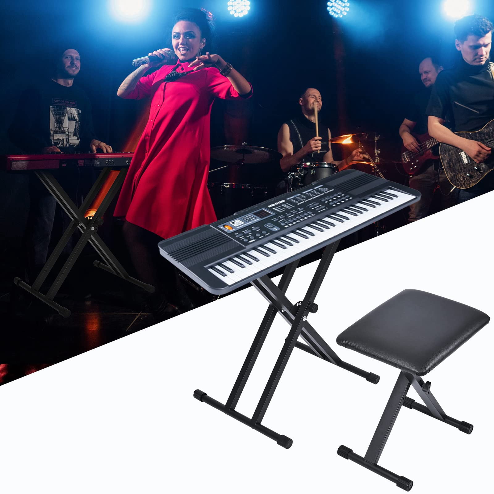Keyboard Stand & Bench Set  Upgrade Heavy Duty Double-x Adjustable Portable Digital Piano With Locking Straps