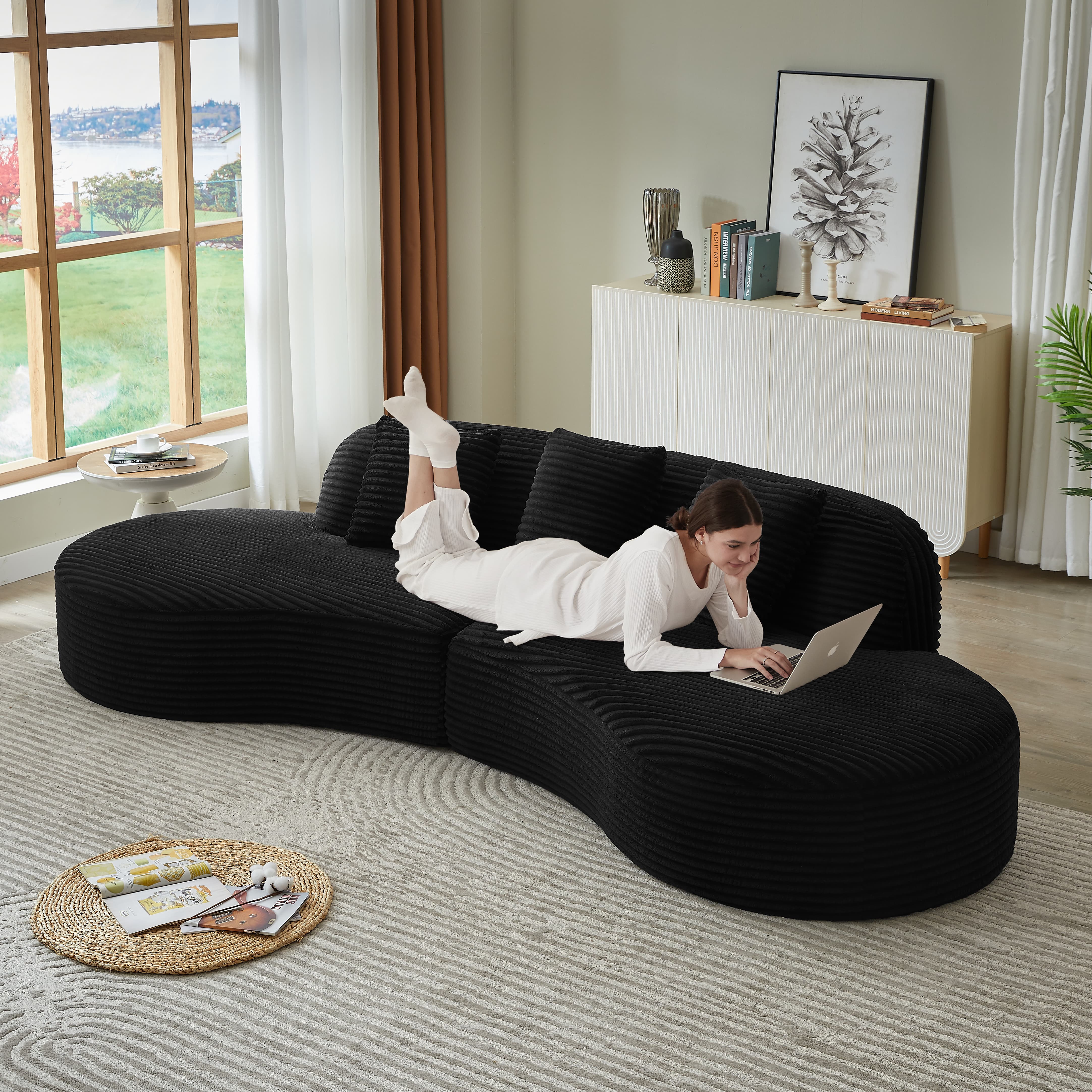MAYEERTY Compressible Corduroy Curved Sectional Sofa with Scatter Cushions, Oversized for Living Room, 123*53*26"Black