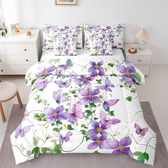 Feelyou Vintage Rustic Flower Bedding Comforter Set 7 Pieces, Purple Romantic Butterfly Full Bedding Set, Western Countryside Reversible Fitted Sheet Flat Sheet, Luxury Bedroom Decor