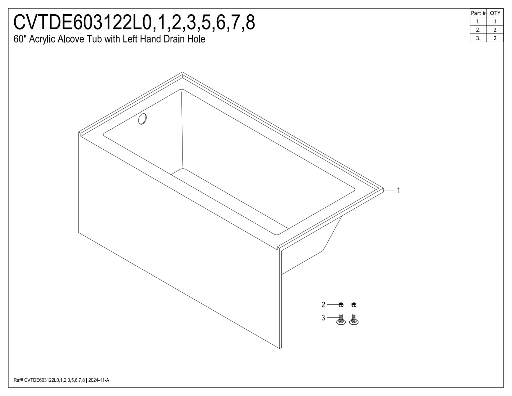 Aqua Eden CVTDE603122L2 60" Acrylic Rectangular 3-Wall Alcove Tub, Left Hand Drain, Glossy White/Polished Brass