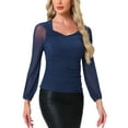 thumbnail image 4 of INSPIRE CHIC Ruched Mesh Blouse for Women's V Neck Long Sleeve Slim Fit Dressy Casual Wrap Top S Navy Blue, 4 of 6