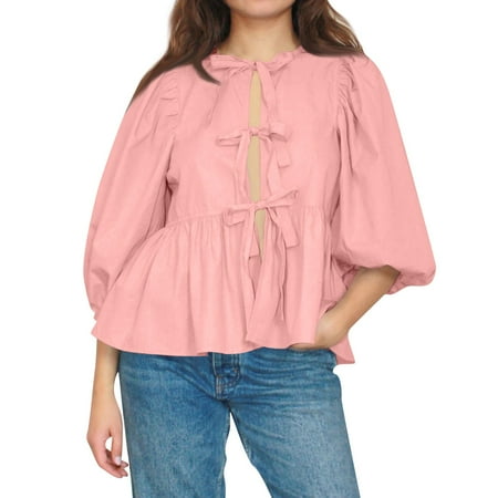 SKSloeg Y2k Women Puff Short Sleeve Shirts Front Tie Ruffle Hem Babydoll Peplum Blouse Cute Basic Lace Up Crop Tops Pink L