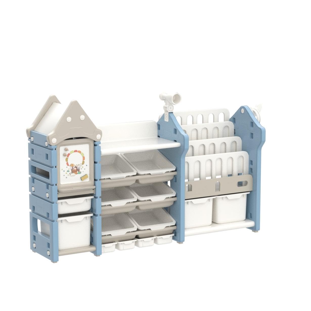 UNICOO® Kids Toy Storage Organizer and Children Bookshelf, with 14 Bins, Pull-Out Drawers Multipurpose Shelf for Toddlers to Organize Toys and Books (Magic Castle ? Blue)