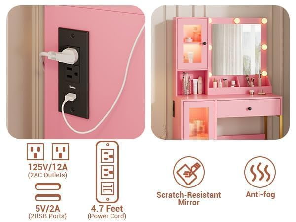 TROPOW Vanity Desk with Mirror and Lights Elegant Makeup Vanity Table with Drawers & Cabinets, Storage, Sturdy MDF Top, Adjustable Brightness Bulbs, Built-in Power Outlet & USB Ports,Pink