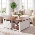 thumbnail image 3 of 31.5" Square Lift Top Wood Coffee Table with Sliding Doors, Farmhouse Center Table with Large Hidden Storage Cabinet & Shelves, White Tea Table for Living Room, Home Office, 3 of 9
