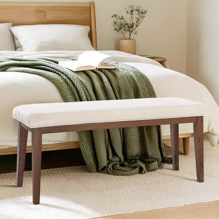 Upholstered Bench for End of Bed, 42.5-inch Entryway Bench for Living Room, Bedroom Bench with Seat Cushion and Solid Wood Leg for Living Room Bedroom,Indoor and Hallway, Beige