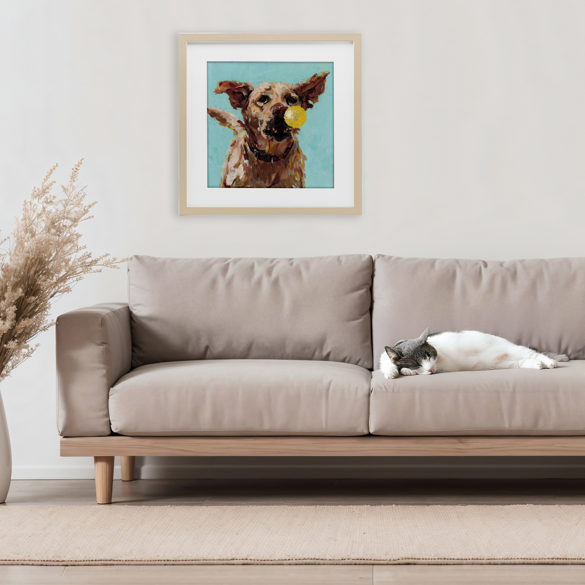Dog Playing with Ball Birch Framed Print Under Glass, design by Studio Bautista