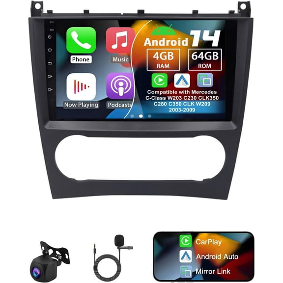 Android 14 Car Radio Compatible with Mercedes C-Class W203 C230 CLK350 C280 C350 CLK W209 2003-2009, 4G 64G 9" Touch Screen Car Stereo with Carplay Android Auto GPS WiFi Mic Backup Camera