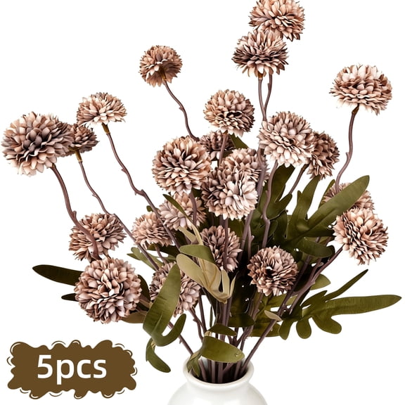 Qissep 5Pcs Faux Artificial Flowers, Faux Silk Pompon Mum,Fake Small Mini Chrysanthemums with Stems for DIY Wedding Centerpieces Floral Arrangements Vase Fillers Home Decorations,Dark Brown