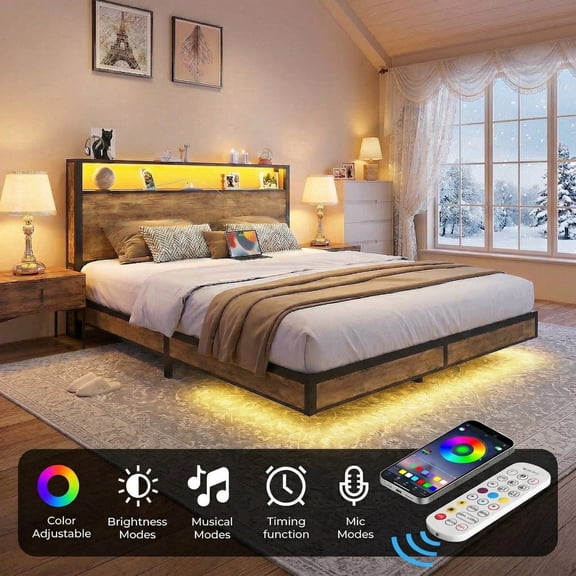 Sailvan Queen Bed Frame with 2-Tier Storage Headboard, Metal Bed Frame with Built-in Charging Station & RGB LED Lights, Noise-Free, No Box Spring Needed, Easy Assembly, Retro Brown