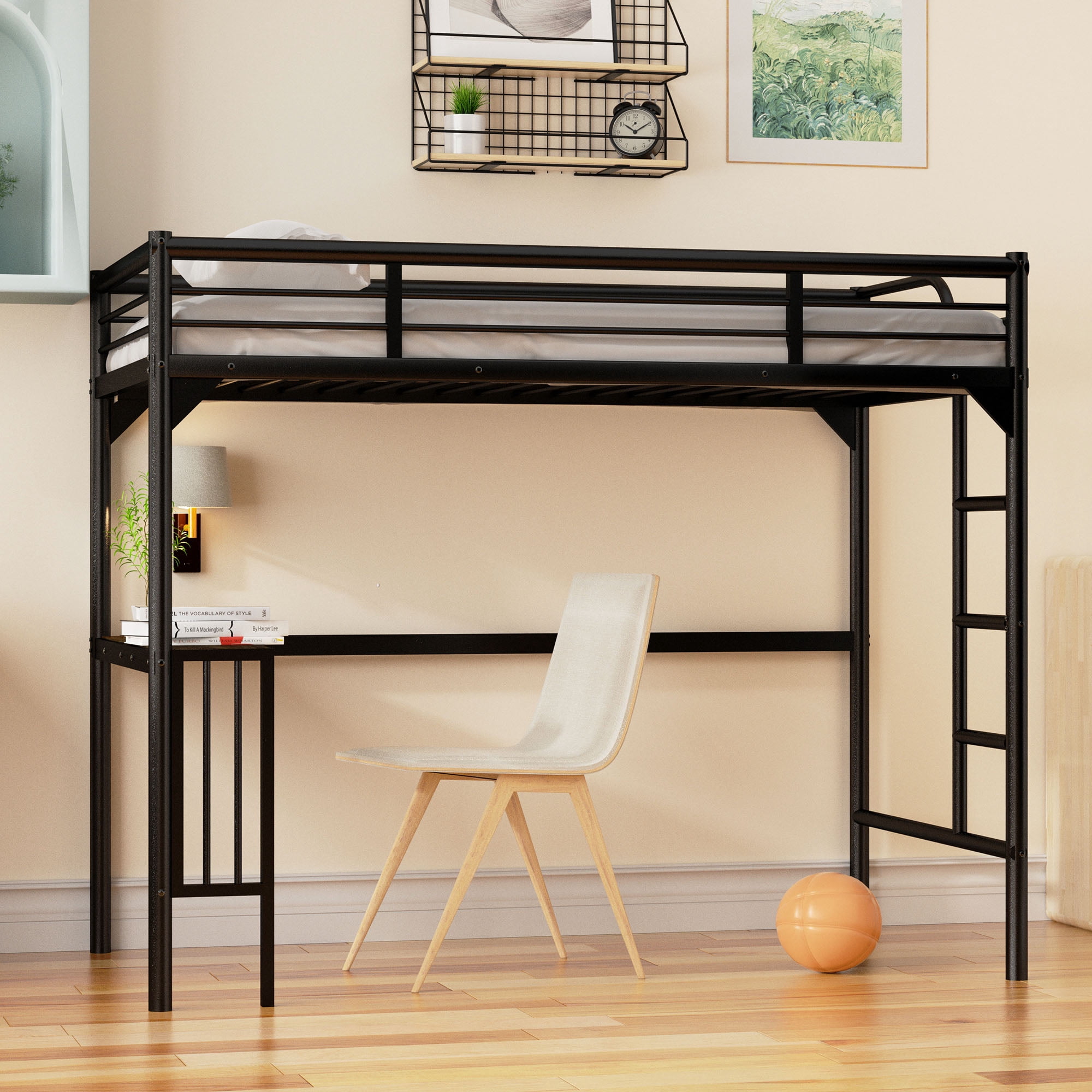 Aukfa Twin Loft Bed with Desk for Kids, Teens, Dorm, Heavy Duty Metal Bed Frame - Black