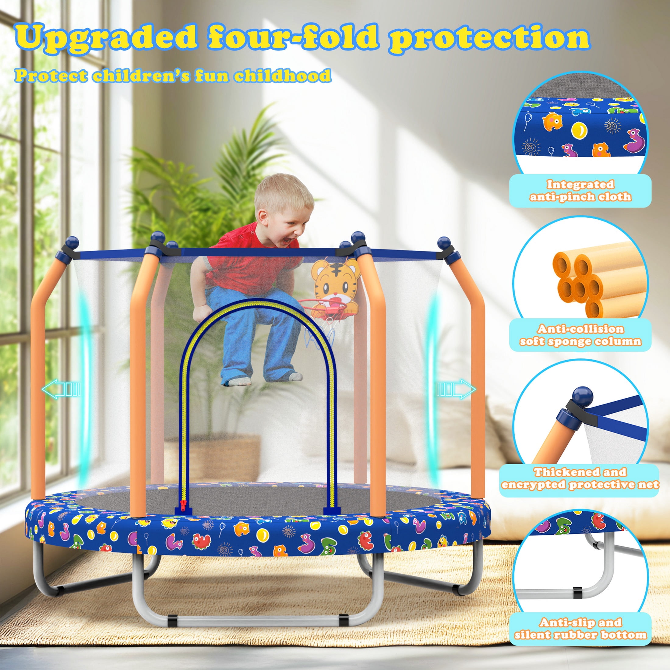 Toddler Trampoline with Basketball Hoop on Clearance for Kids, SEGMART 55" Kids Round Trampoline with Enclosure Net, Heavy Duty Outdoor Recreational Small Trampoline with Ball, Gift for Boys Girls