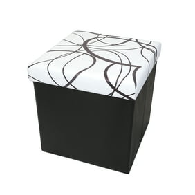 Mellow 15 Inch Swirl Faux Leather Collapsible Storage Ottoman, Foam Top Seat, White