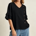 thumbnail image 6 of RQYYD Womens Short Sleeve V Neck Button Ruffle Tops Casual Linen Blouses Loose Fit Tee Shirts Daily Clothes, 6 of 7