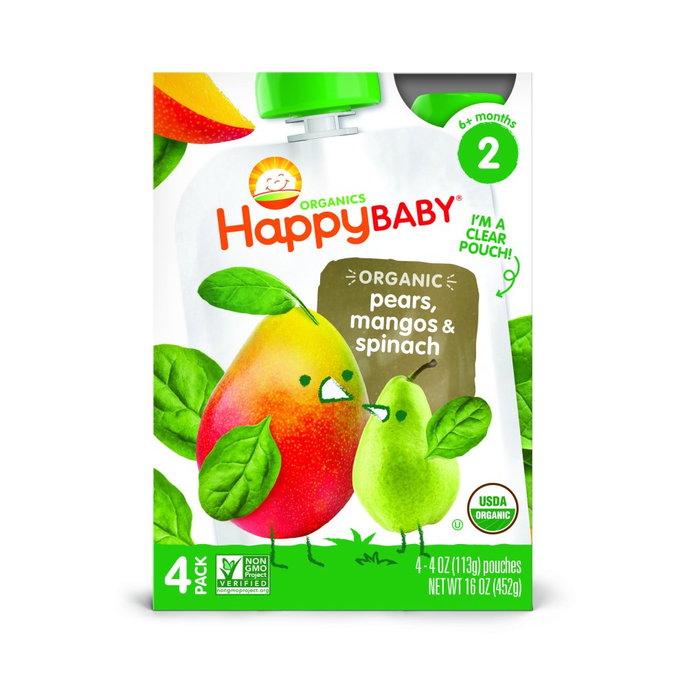 (4 Pouches) Happy Baby Organic Stage 2 Baby Food Spinach, Mango & Pear