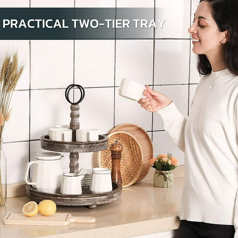 HYGGEISM Wood Tier Tray Distressed Two Tiered Serving Tray