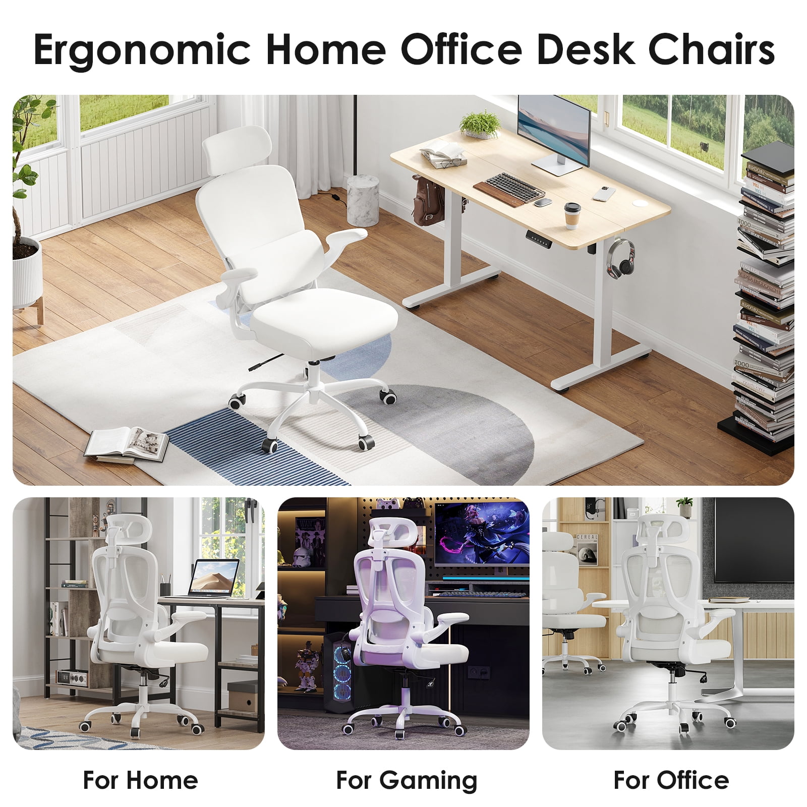 Farini Ergonomic Office Chair, Adjustable High Back Mesh Desk Chair with Lumbar Support, 2D Headrest , Beige