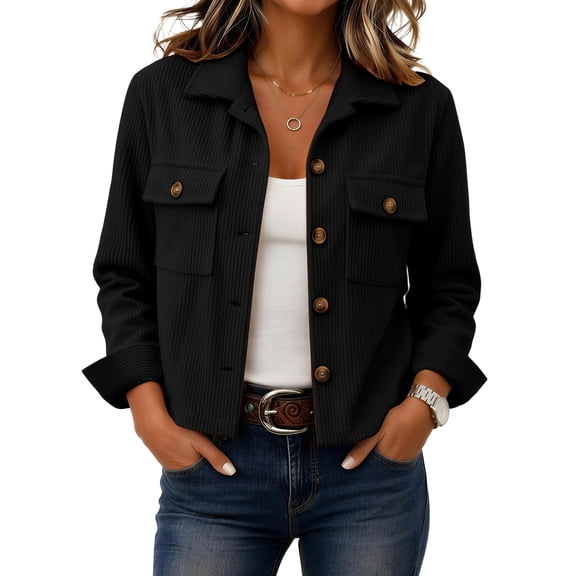 Resicozy Womens Fashion Cropped Jacket Corduroy Button Down Long Sleeve Coats Lightweight Plain Jackets with Pockets 2026 Black M