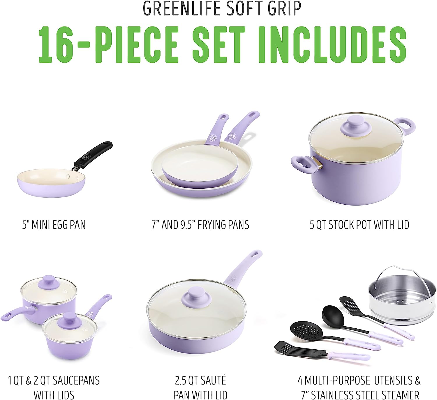 GreenLife Soft Grip Healthy Ceramic Nonstick 16 Piece Kitchen Cookware Pots and Frying Sauce Saute Pans Set, PFAS-Free with Kitchen Utensils and Lid, Dishwasher Safe, Lavender 16 Piece Cookware Set Lavender - image 3 of 8
