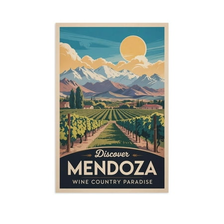 Mendoza Classic Poster Retro Argentina Cityscape with Wine Country & Mountains Print Poster