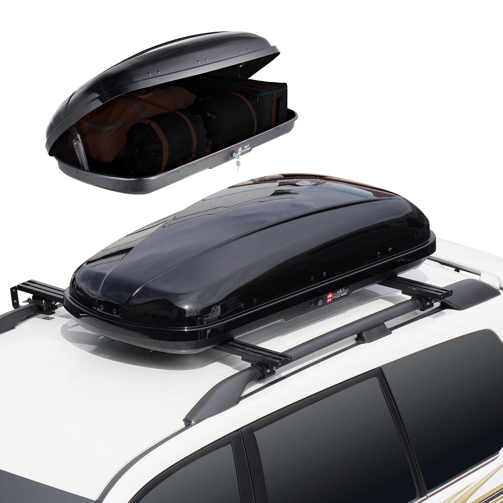 KFFKFF Car Roof Storage Box, 14 Cu Ft Capacity, Durable ABS Material, Dual-Opening System, Includes 2 Strong Straps, Aerodynamically Designed, Fits Most Crossbars, Ideal for Cars, SUVs, Wagons
