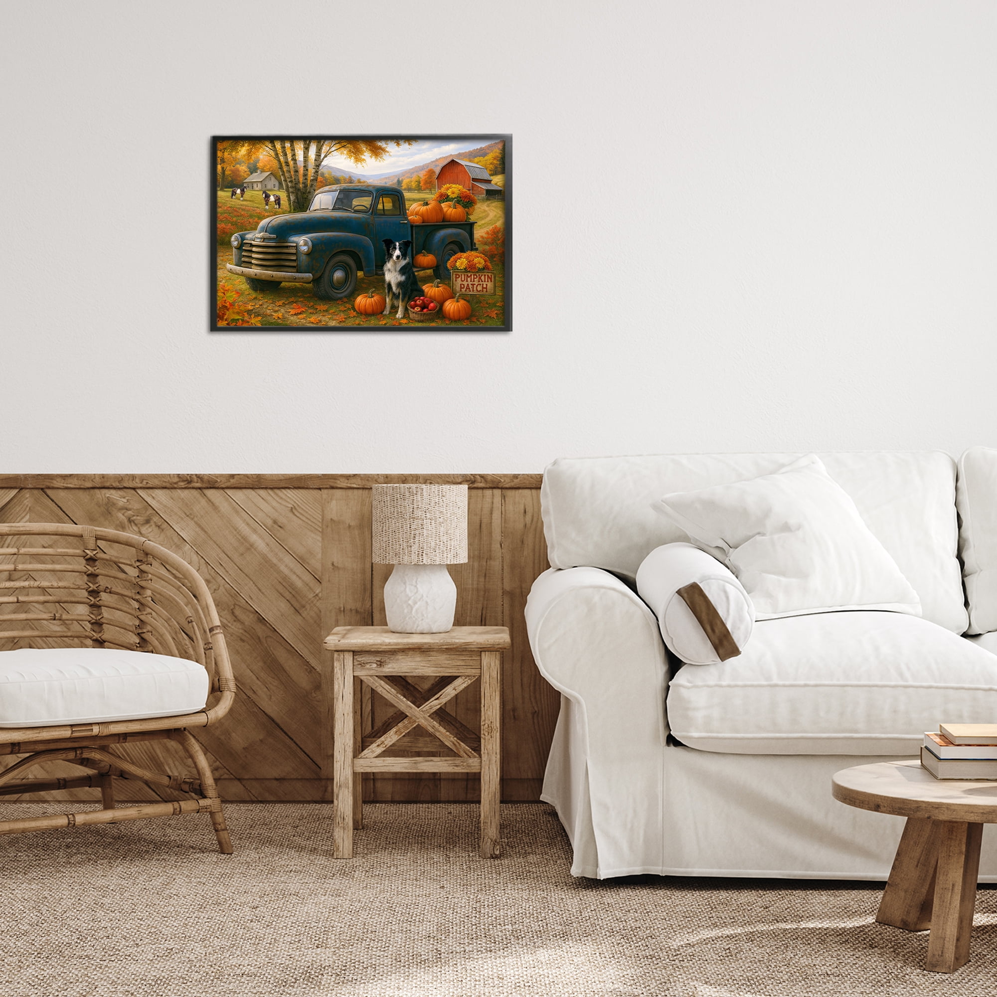 Autumnal Farmland Collie Dog Black Framed Giclee Art, design by Tom Crehan