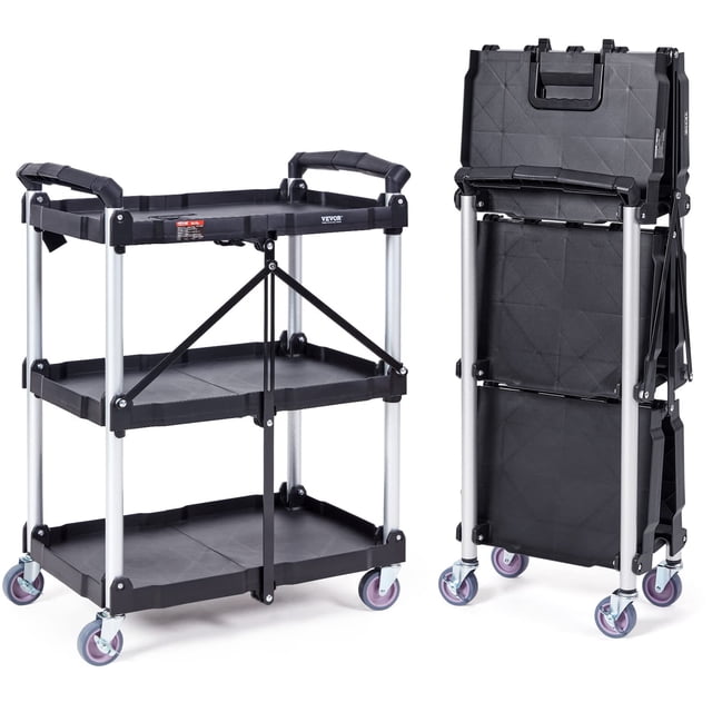 Carrito de servicio utilitario VEVOR, plegable, 165 libras, 3 estantes con ruedas