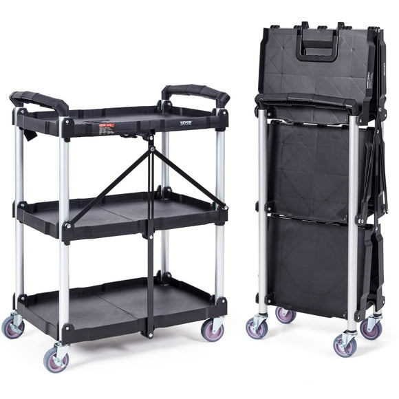 Carrito de servicio utilitario VEVOR, plegable, 165 libras, 3 estantes con ruedas
