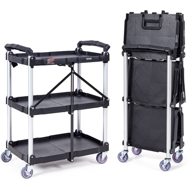 Carrito de servicio utilitario VEVOR, plegable, 165 libras, 3 estantes con ruedas