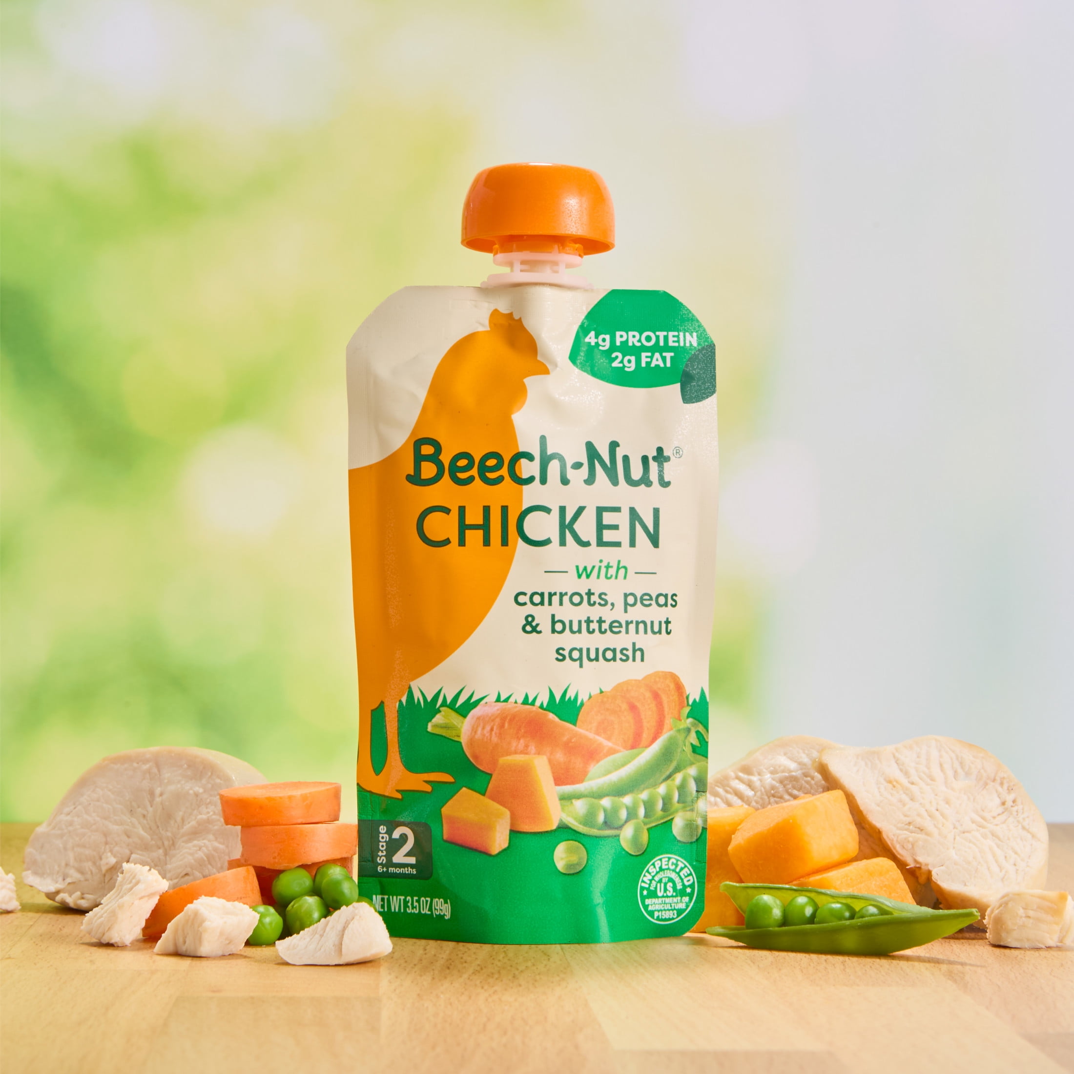 (12 pack) Beech-Nut Chicken Stage 2 Baby Food, Chicken Carrots Peas & Butternut Squash, Puree Meat Baby Food Pouch, 3.5 oz Pouch