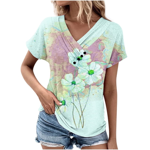 Blouses pour Femmes Col en V Décontracté Manches Courtes Printemps et Été Haut