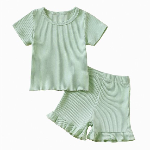 mgoYE Toddler Baby Girl Summer Clothes Ribbed Knit Cotton Cute Summer Outfits Short Sleeves 2 Pieces Shorts Set 12M - 5T(Green,6-12 Months)