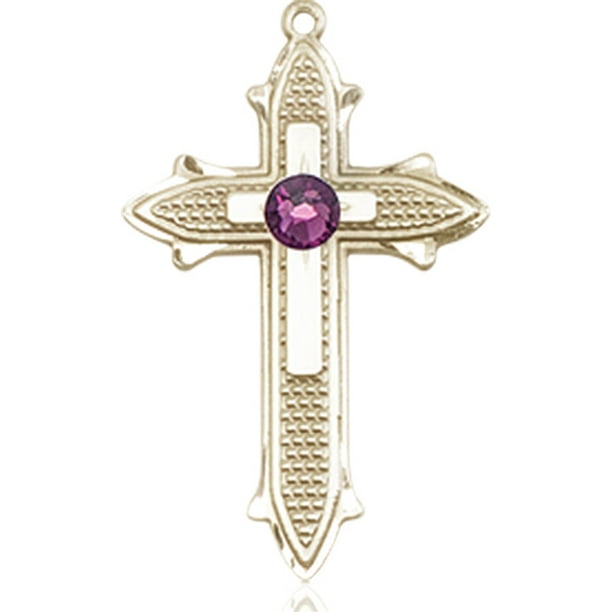 14kt Yellow Gold Cross on Cross Medal with 3mm February Purple Swarovski  Crystal 7/8 X 1/2 inches