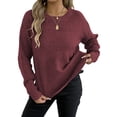 thumbnail image 3 of Womens Crew Neck Sweater Casual Loose Warm Top Soft Solid Long Sleeve Sweaters Fall Winter Knitted Pullover Wine Red L, 3 of 9