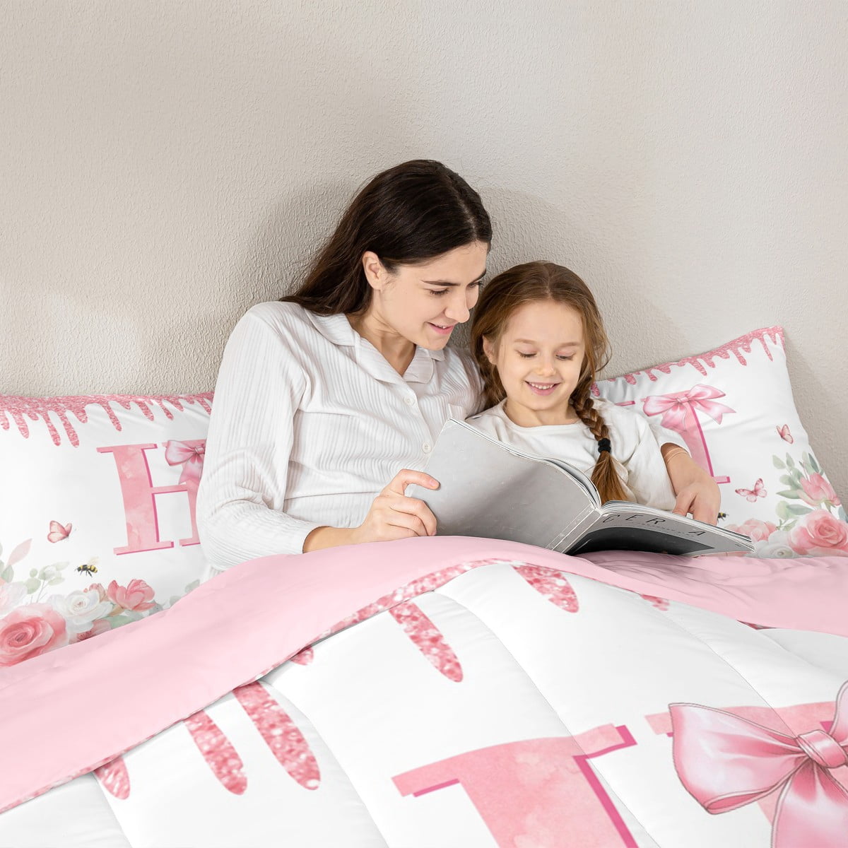 jejeloiu Personalized Letter H Twin Bedding Sets 7-Piece,Bow Knot Monogrammed Bedding Comforter Set,Rustic Flower Floral Sheet Sets For Children,Ultra Soft Bedroom Decor Reversible