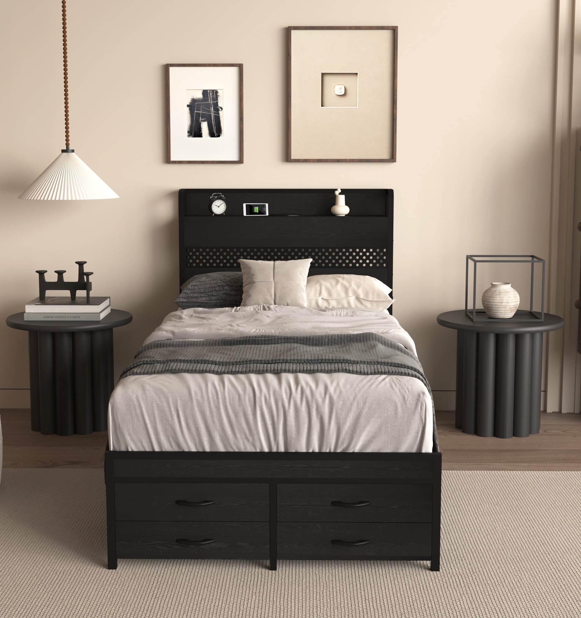 Yoneston Twin Size Kids RGB LED Platform Bed Frames with Storage Headboard, USB Charging Station and 4 Footboard Drawers for Teens Child, Black