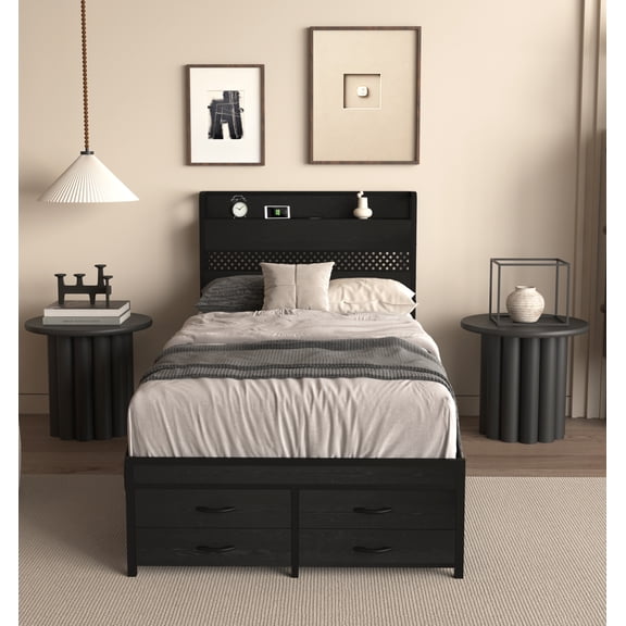 Twin Size Bed Frame with Storage Headboard, Platform Design Bed With 4 Under-Bed Drawers, Charging Station And LED Light For Smart Bedroom Solution